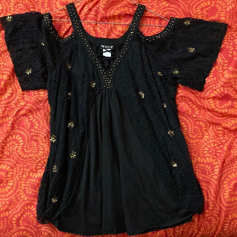 VENUS Black and Gold Cold Shoulder Blouse